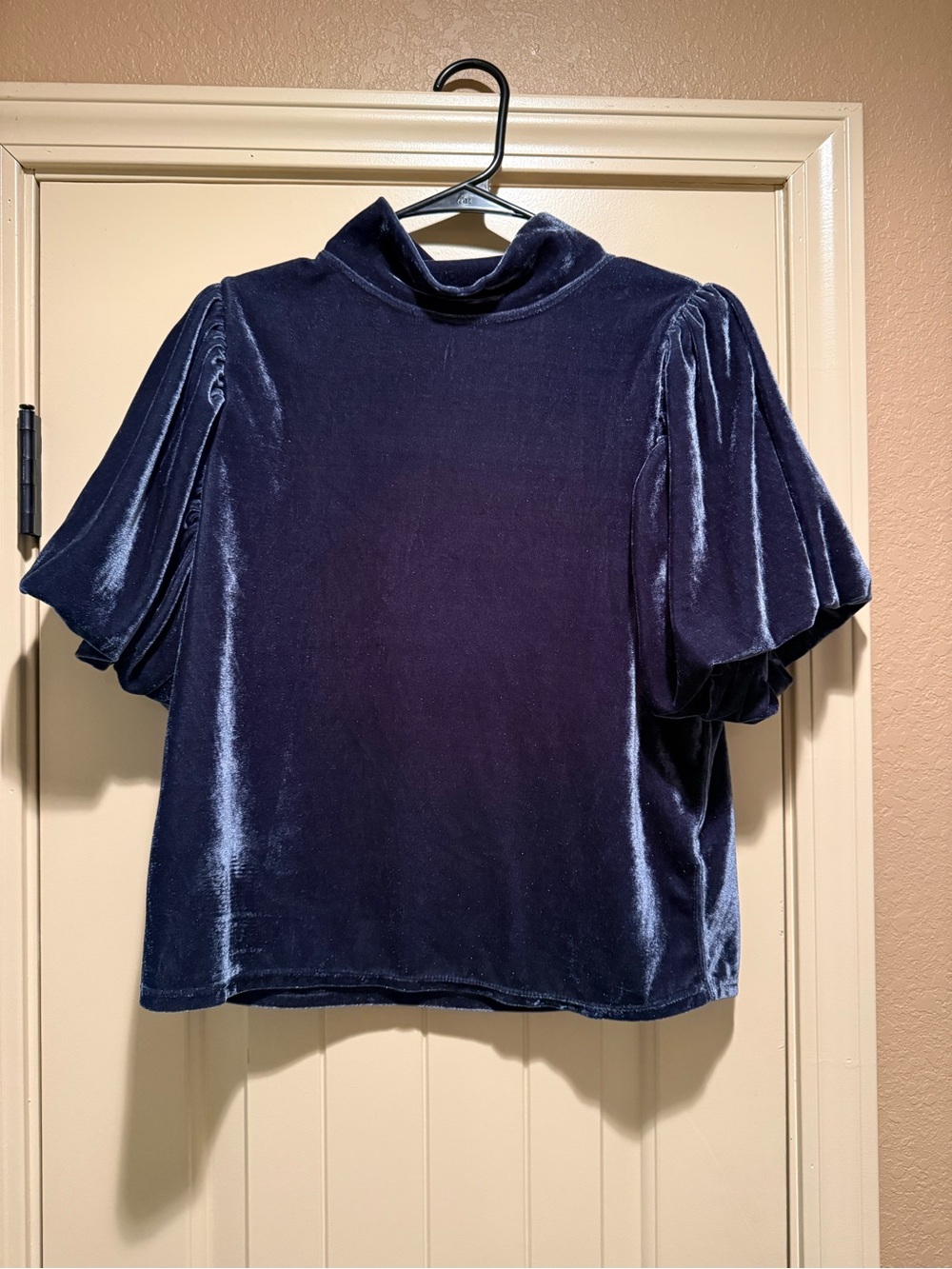 Free People Velvet Puff-Sleeve Mock Neck Top - Navy